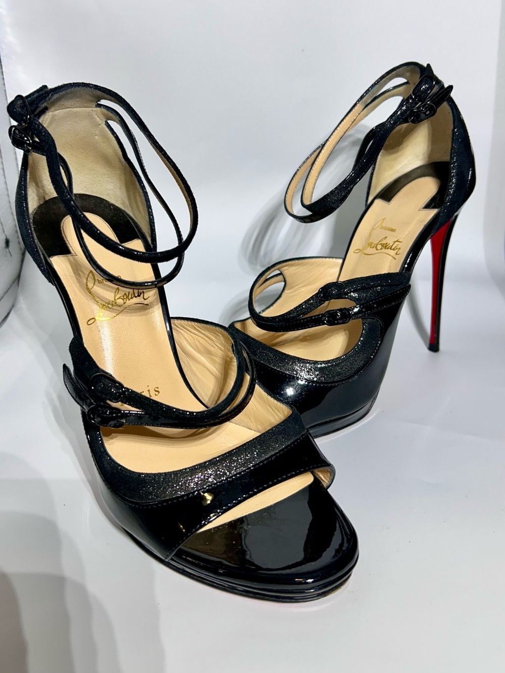 Christian Louboutin Black Patent Leather Ankle-Strap Heels